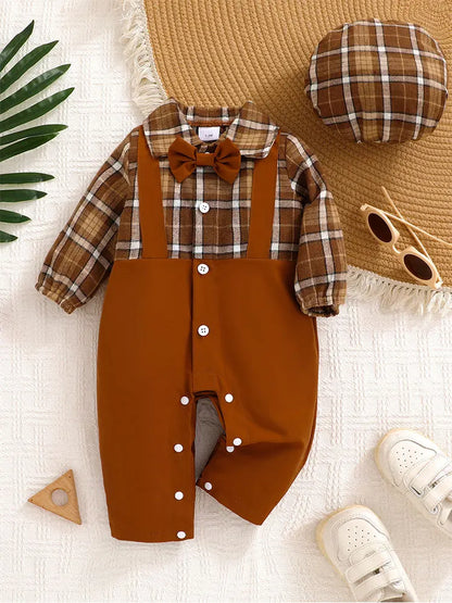 Side view of baby boys plaid jumpsuit with bow tie & beret