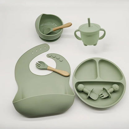 Baby Silicone Tableware Set 8 Piece Suction Bowls Divided Plate Bib Spoon Fork Fall 2025 Self Feeding Aid