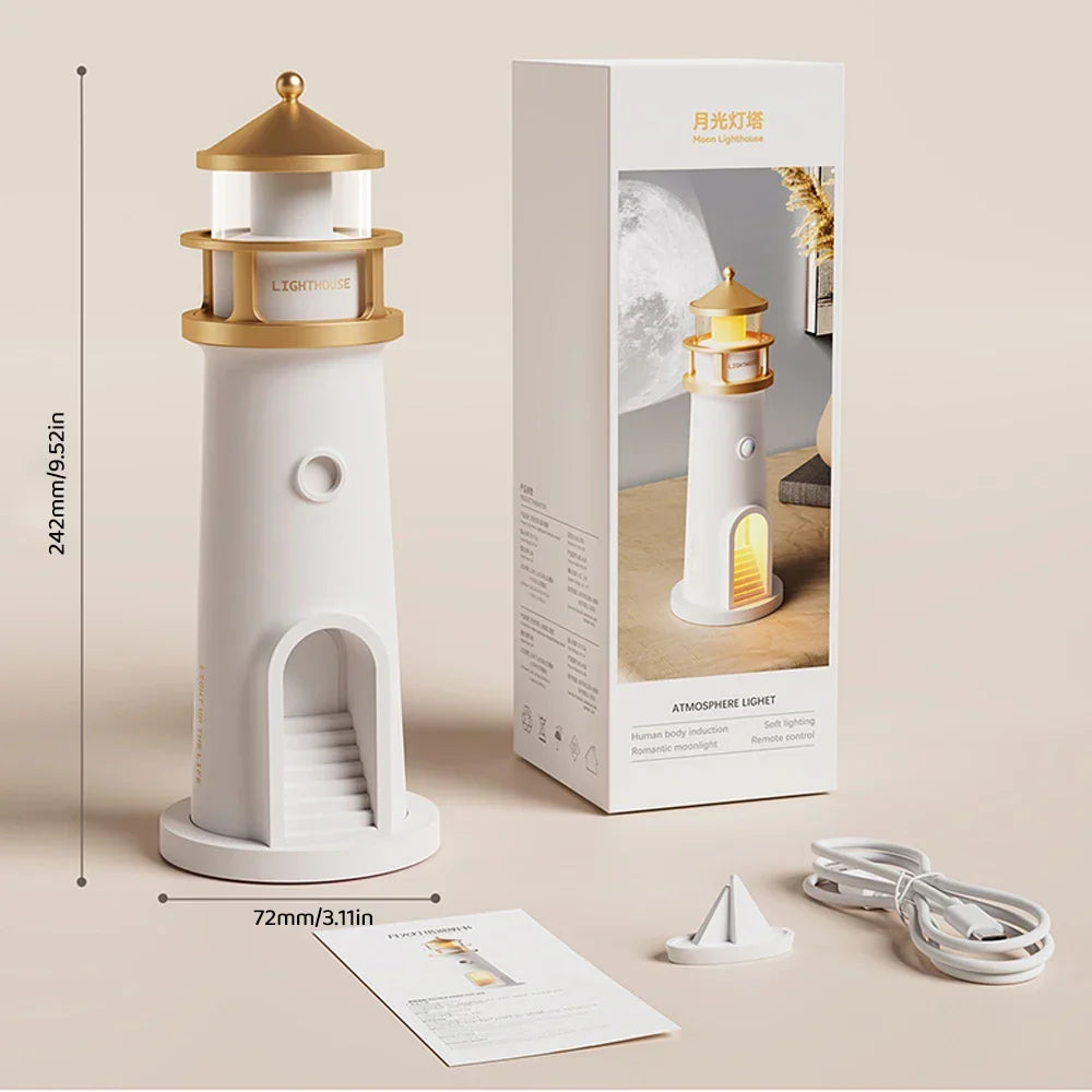 Moon Projection Light Lighthouse Desktop Night Lamp Dimmable Bluetooth Speaker Motion Sensor Holiday 2025 Gift