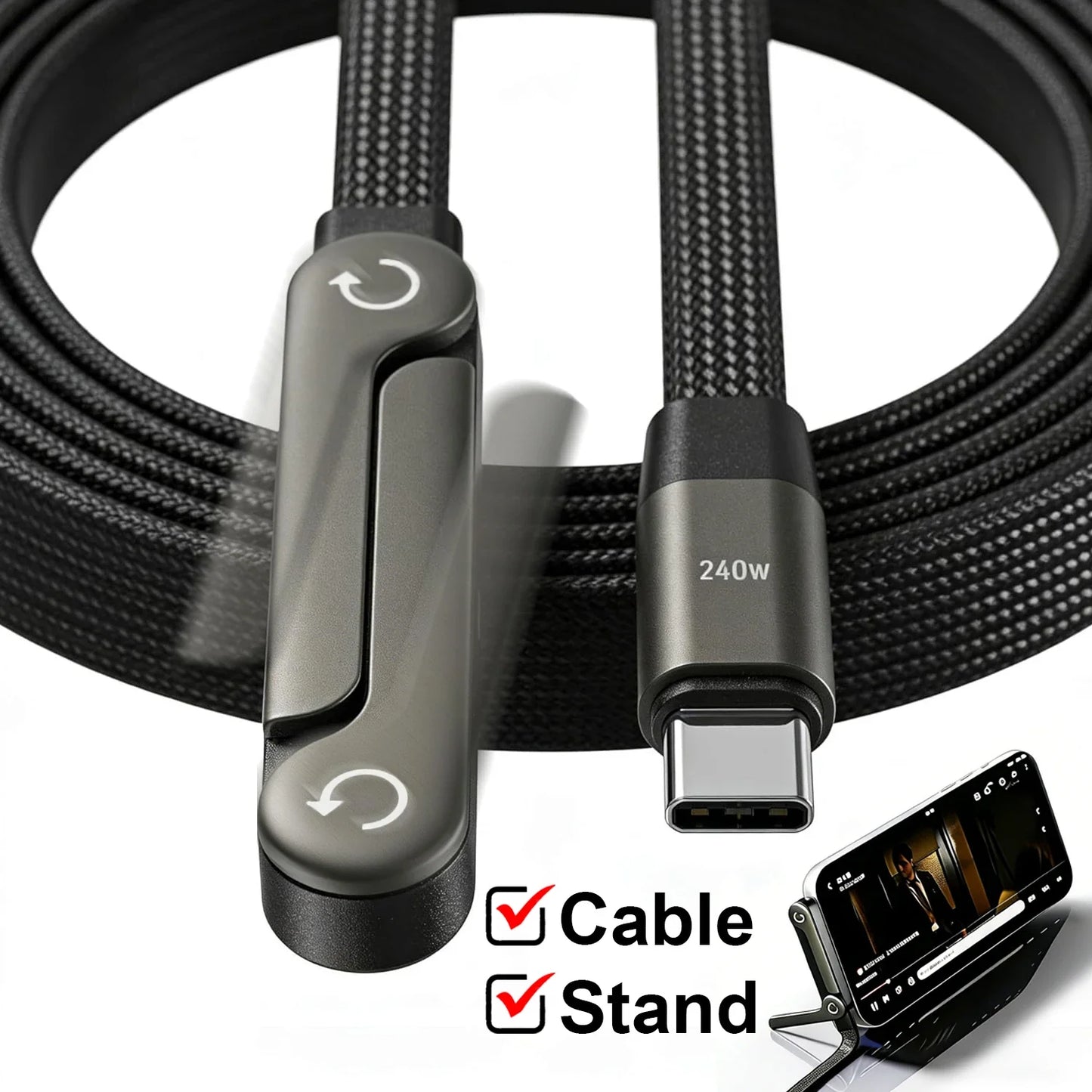 USB-C Fast Charging Cable - Elbow Design, 240W, Type-C To Type-C, Foldable Phone Stand, Back To School 2026 Gift