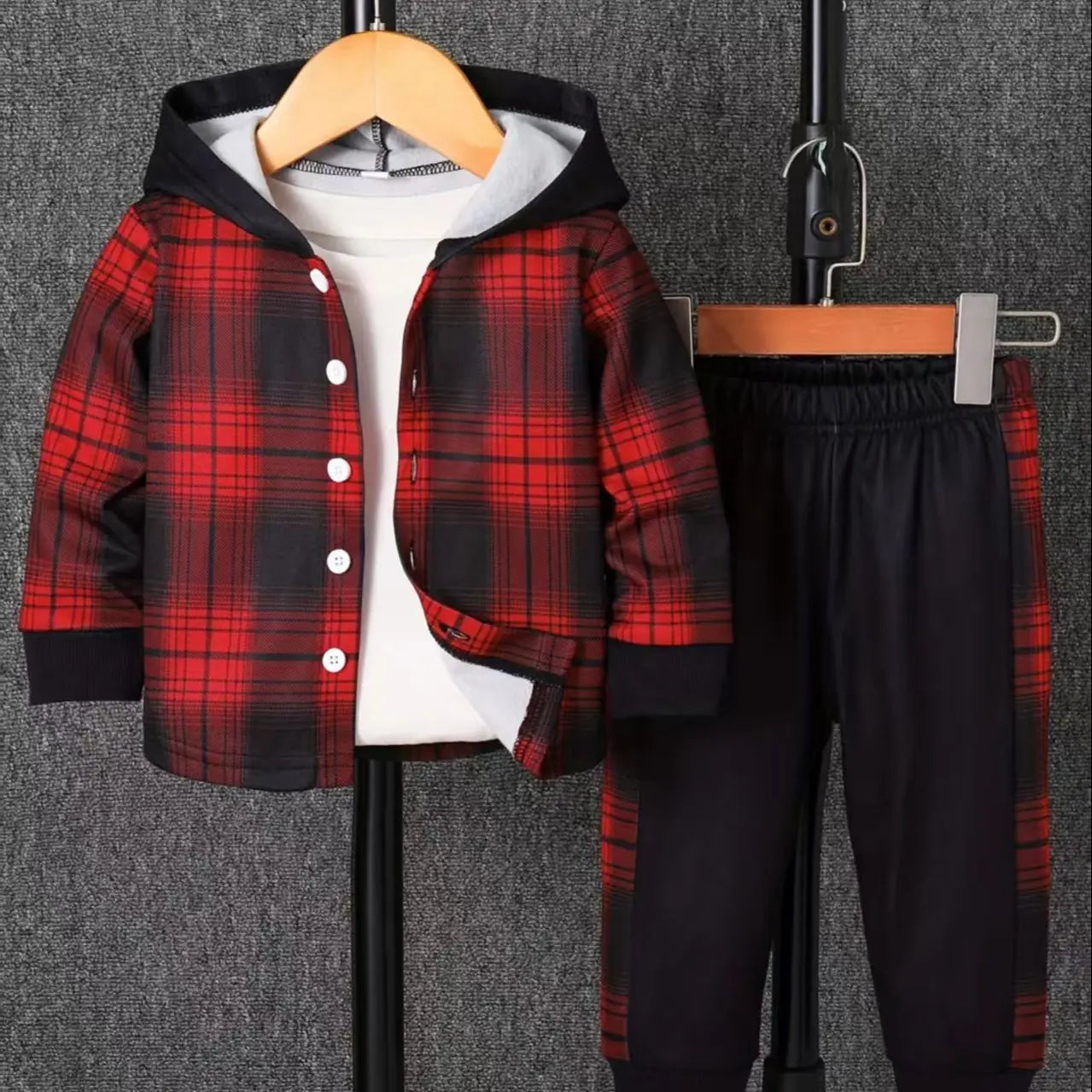 Back view of baby boys plaid fleece lined hooded outfit