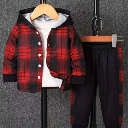 Back view of baby boys plaid fleece lined hooded outfit