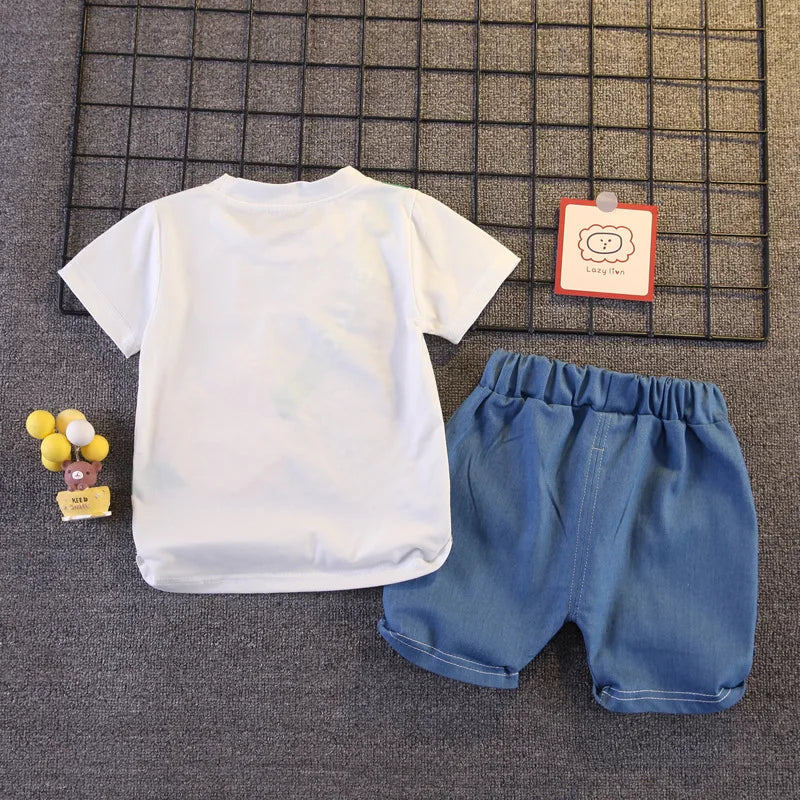 Styling option and alternate perspective of the boys cartoon bear t-shirt and shorts set