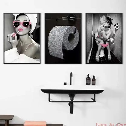 Bar Bathroom Decor Hepburn Canvas Art - Girl Drinking Smoking Wall Picture Bling Design