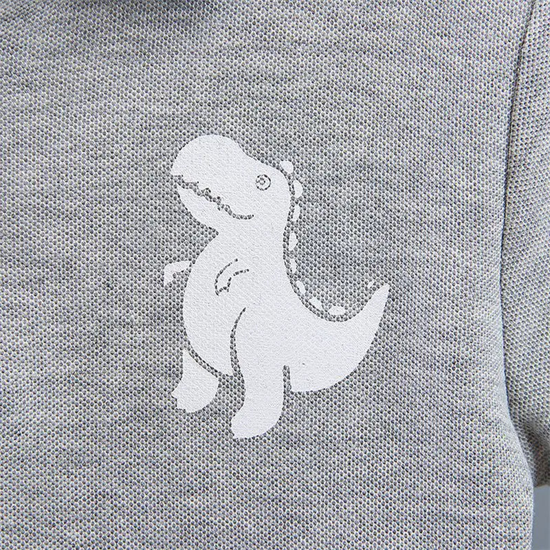 Baby boy wearing a dinosaur print t-shirt and matching shorts
