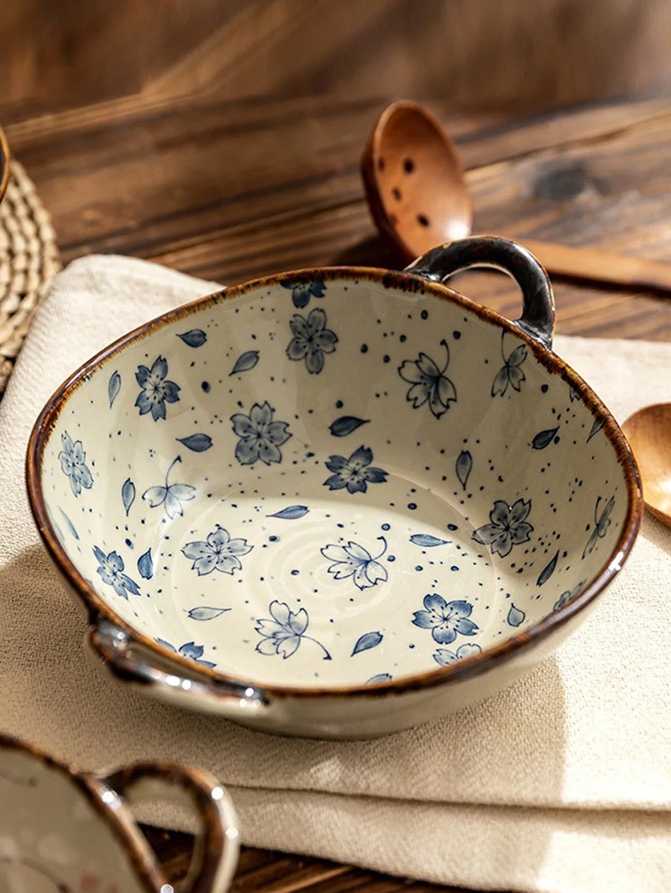 Ceramic 7.5 Inch Noodle Bowl With Handles Floral Porcelain