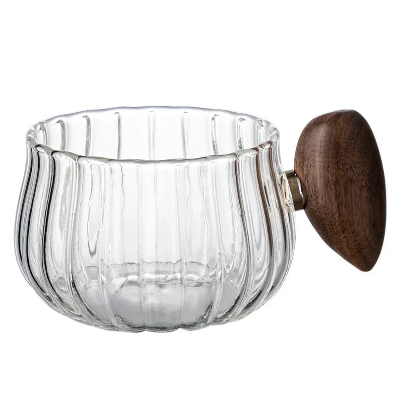 Stripe Heat-resistant Glass Coffee Mug 200ml with Wooden Handle for Latte, Milk, Tea