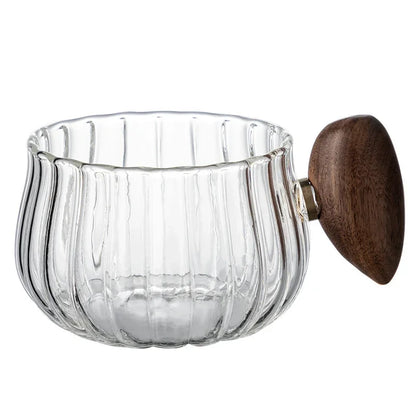 Stripe Heat-resistant Glass Coffee Mug 200ml with Wooden Handle for Latte, Milk, Tea