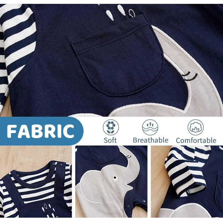 Detail view showing the fabric finish and pattern of the baby long sleeve striped elephant romper