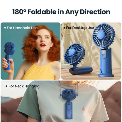 2400mAh/5000mAh Mini Portable Fan USB Rechargeable 3 Speeds, Handheld Pocket Fan with Lanyard & Base, Foldable Desk Fan