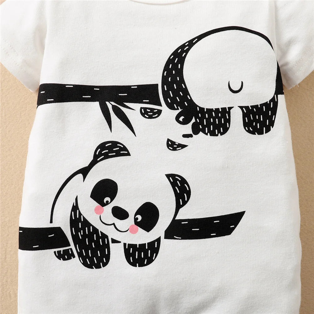 Focus on the neckline and sleeve features of the baby boys panda bear short sleeve romper and hat set