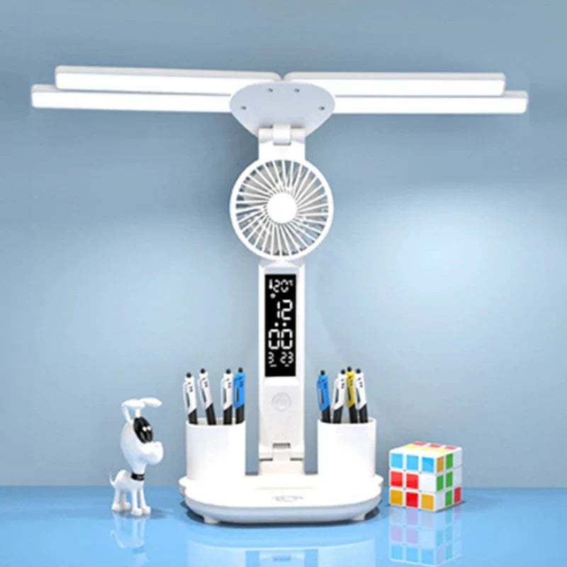 Rechargeable Desk Lamp LED With Fan And Clock Display Study Light Back To School 2025 Portable Adjustable Brightness