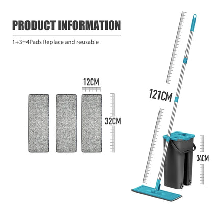 Household Cleaning Hand-Free Flat Floor Mop & Bucket Set with Washable Microfiber 4x Pads