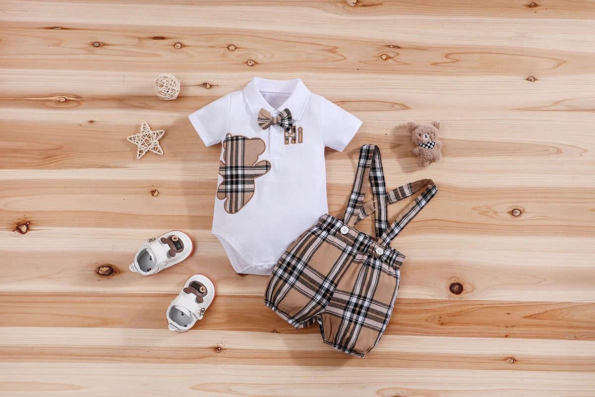 Fabric and texture detail of baby boys plaid bear bodysuit & trousers set