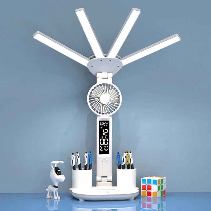 Rechargeable Desk Lamp LED With Fan And Clock Display Study Light Back To School 2025 Portable Adjustable Brightness