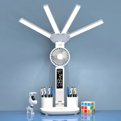 Rechargeable Desk Lamp LED With Fan And Clock Display Study Light Back To School 2025 Portable Adjustable Brightness