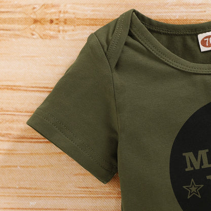Occasion style layout showcasing the baby boys camouflage shorts and letter print romper set