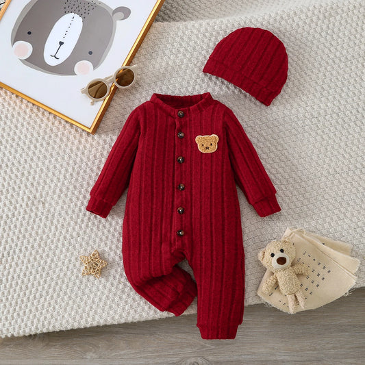Baby boys red winter onesie with bear badge and matching hat