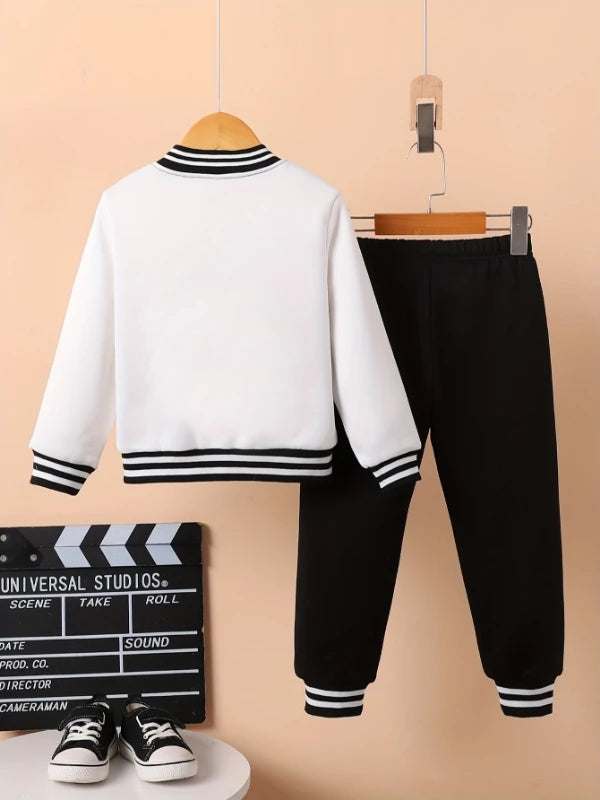 Back view of boys varsity letter jacket & sweatpants set