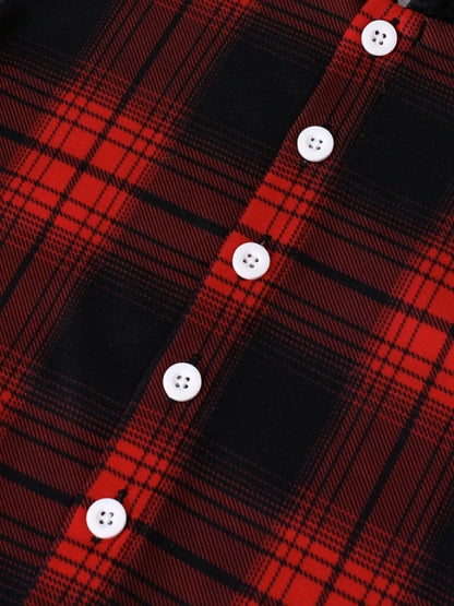 Close up detail of baby boys plaid fleece lined hooded outfit