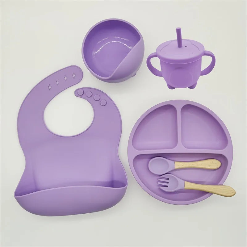 Baby Silicone Tableware Set 8 Piece Suction Bowls Divided Plate Bib Spoon Fork Fall 2025 Self Feeding Aid
