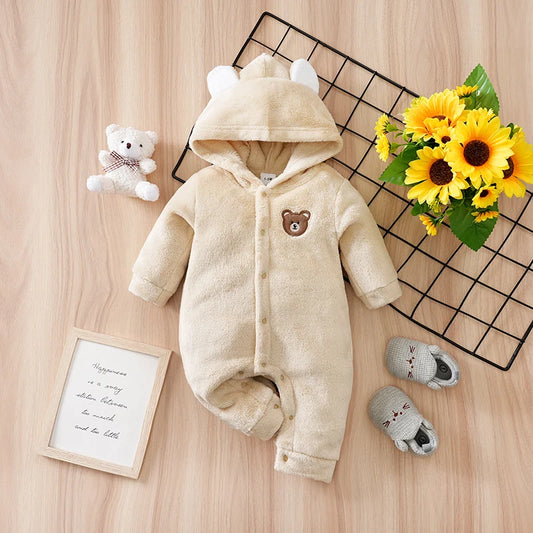 Baby beige bear hooded winter flannel romper with long sleeves