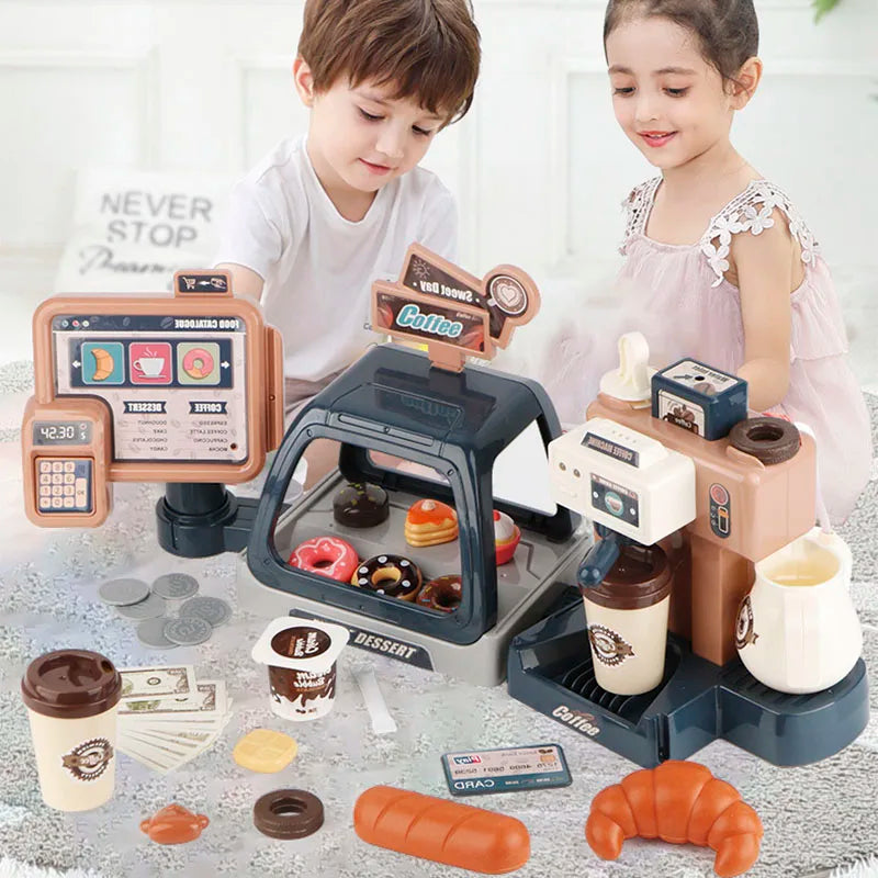Pretend Play Coffee and Bakery Set with Cash Register and Kitchen Accessories for Kids