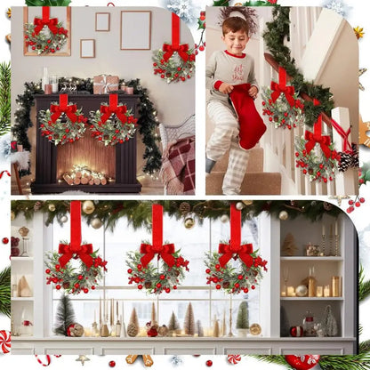 Christmas Wreaths Set Of 6 Mini Cabinet Wreaths With Red Bows Farmhouse Holiday 2025 Artificial Durable Decor