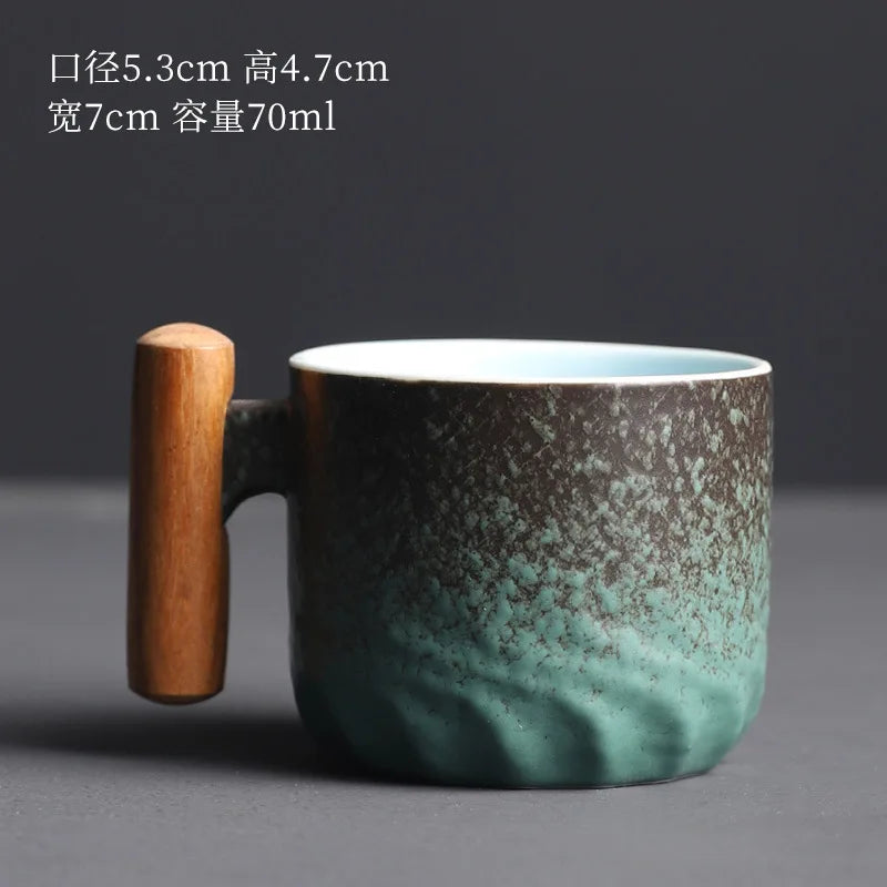Espresso Cup Porcelain With Wooden Handle Handmade Vintage Mug, Fall 2025 Cozy Gift For Coffee Lovers