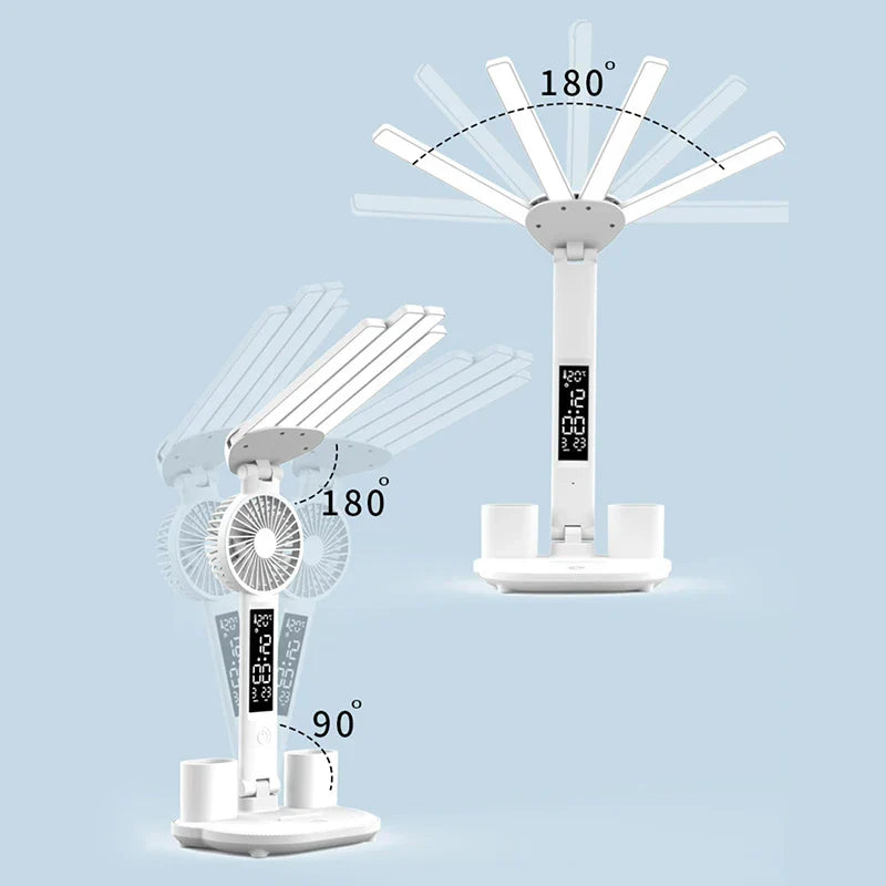 Rechargeable Desk Lamp LED With Fan And Clock Display Study Light Back To School 2025 Portable Adjustable Brightness