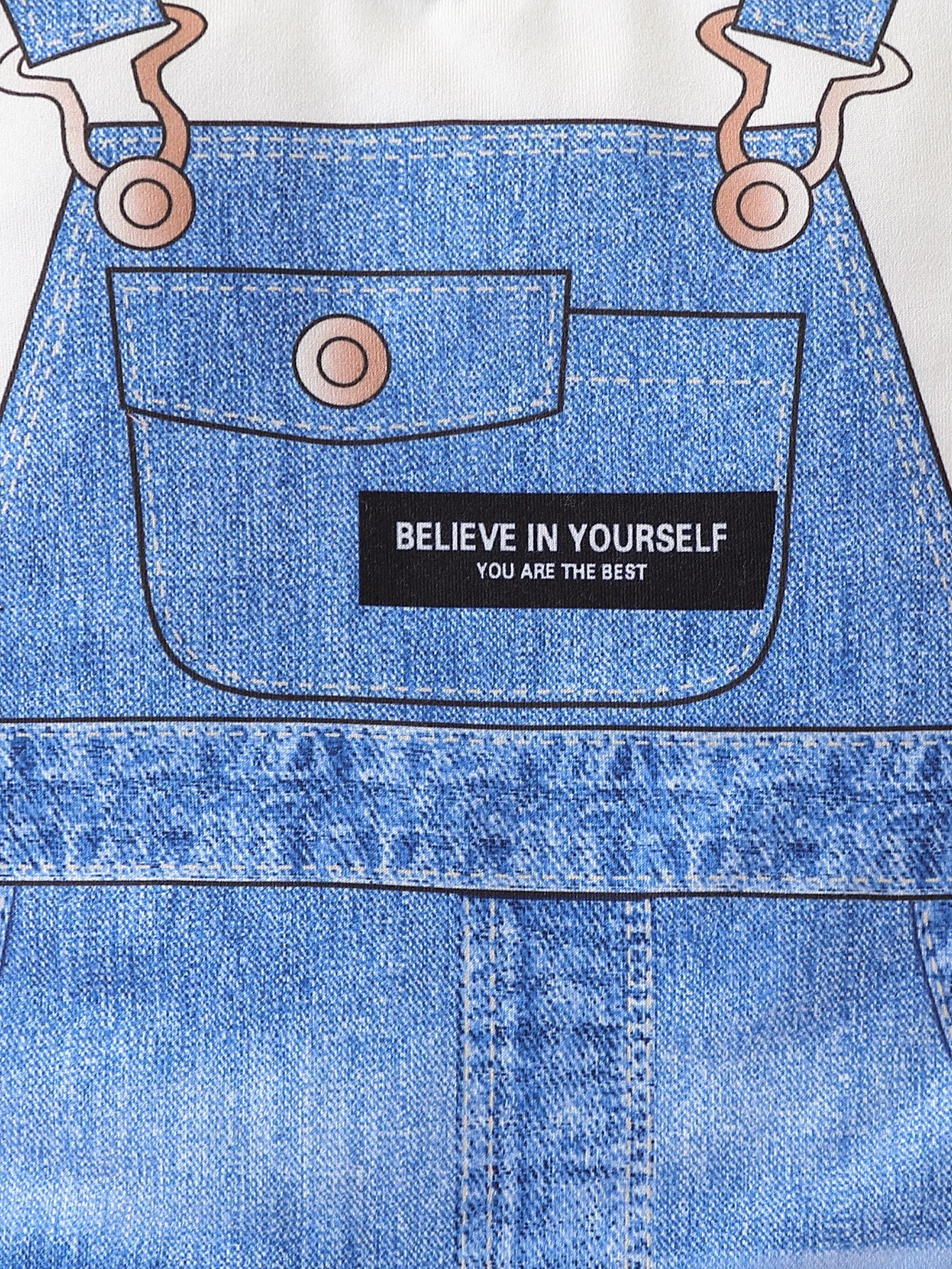 Close-up material detail of baby boys faux denim print long sleeve romper
