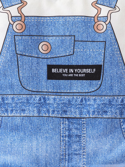 Close-up material detail of baby boys faux denim print long sleeve romper