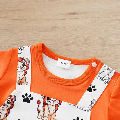 Baby wearing a short-sleeve romper with a lion print and faux two-piece design