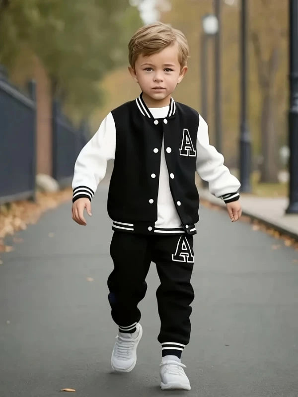 Boys black and white varsity jacket with letter A and matching sweatpants