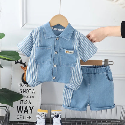 Boys striped shirt and denim shorts summer outfit