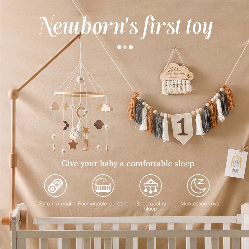 Wooden Baby Mobile Natural Wood Newborn Crib Mobile 0-12 Months Nursery Decor Newborn Gift 2025 Soothing Music