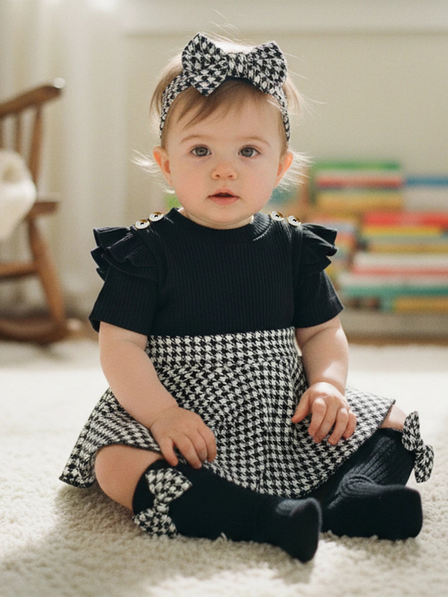 Side view of baby girls houndstooth romper dress set