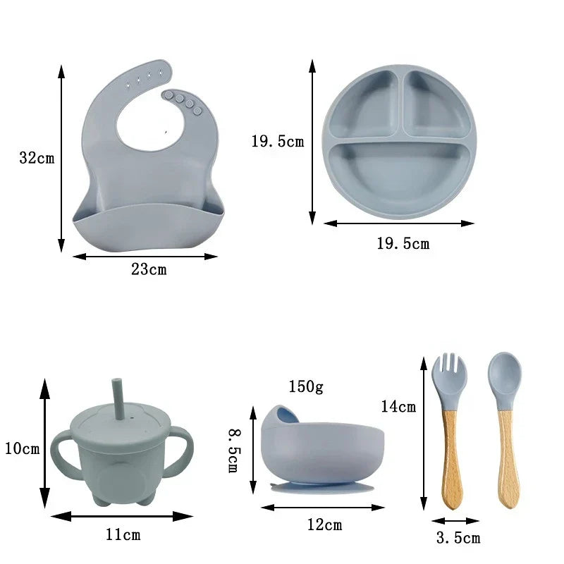 Baby Silicone Tableware Set 8 Piece Suction Bowls Divided Plate Bib Spoon Fork Fall 2025 Self Feeding Aid
