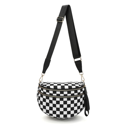 Versatile unisex crossbody bum bag – checkered nylon, box shape, travel and daily use