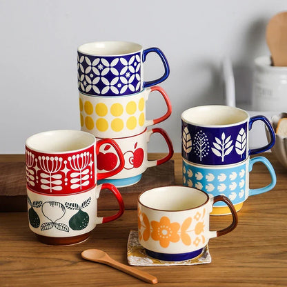 Coffee Mug 300ml Japanese Flower Ceramic Set Retro Drinkware Office Entertaining Fall 2025 Ergonomic Handgrip Gift