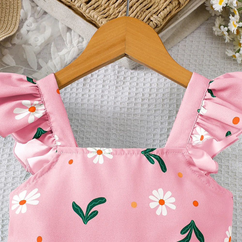 Occasion style layout showcasing the girls botanical print flutter sleeve dress