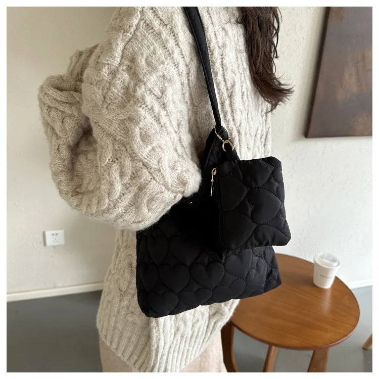 Cozy women's quilted tote – padded square shoulder bag, polyester, casual everyday