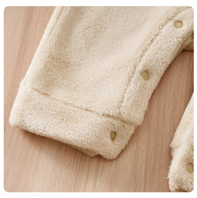 Side view of baby bear hooded winter flannel romper