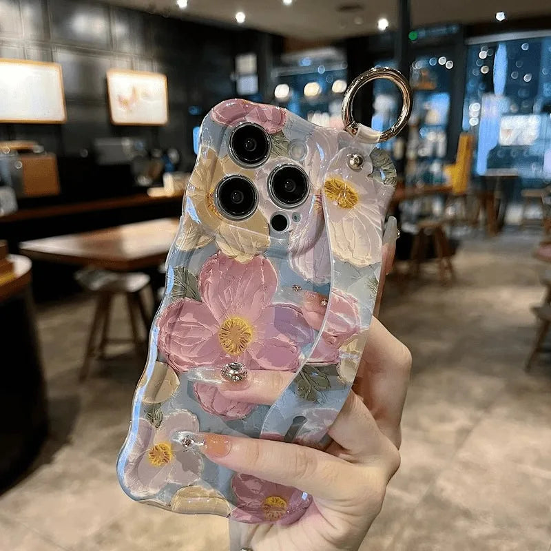 Oil Painting Flower Phone Case for iPhone 15 14 13 12 11 Pro Max with Wrist Band and Kickstand