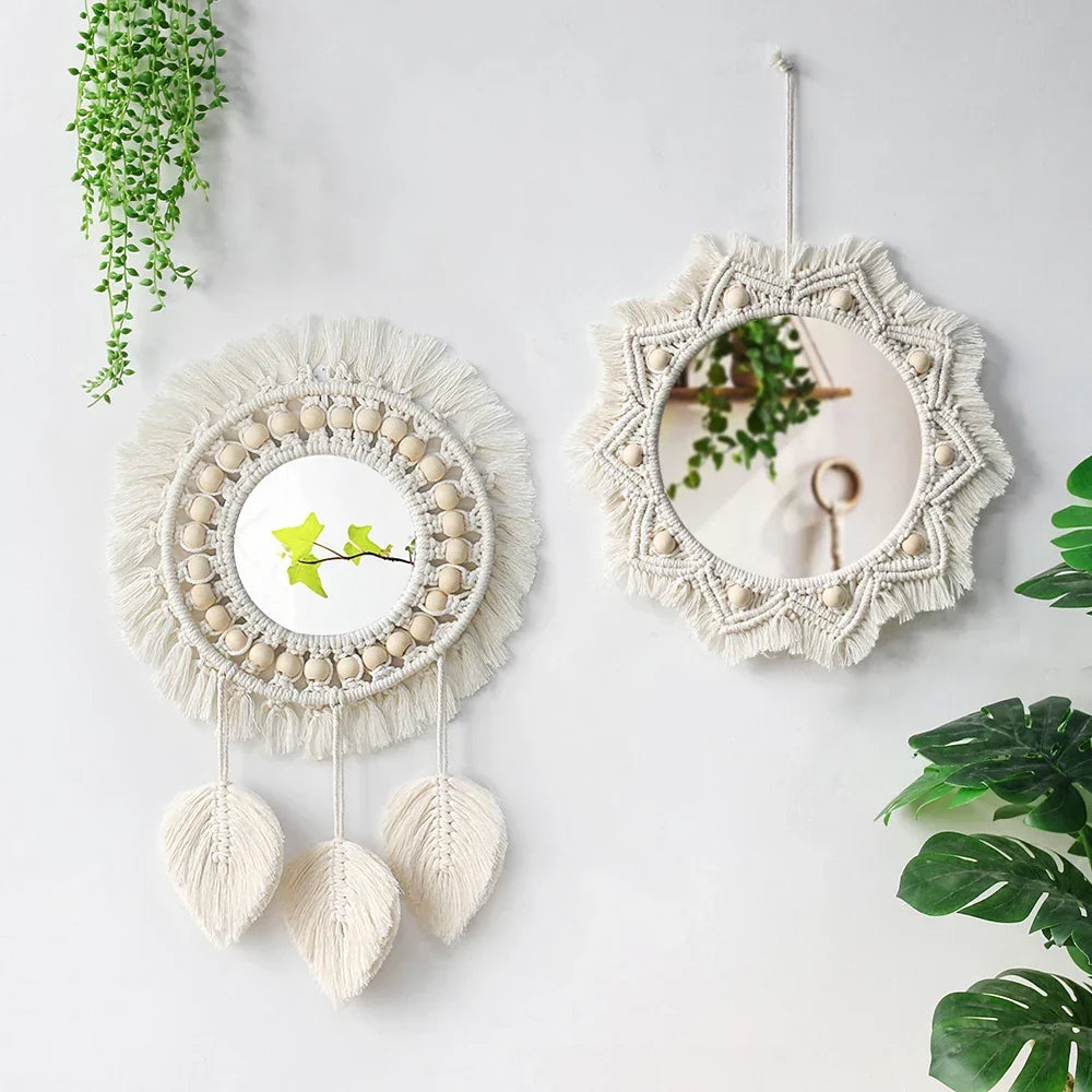 Macrame Mirror Set Cotton Fringe Boho Wall Hanging Mirrors Fall 2025 Cozy Nursery Home Decor Gift