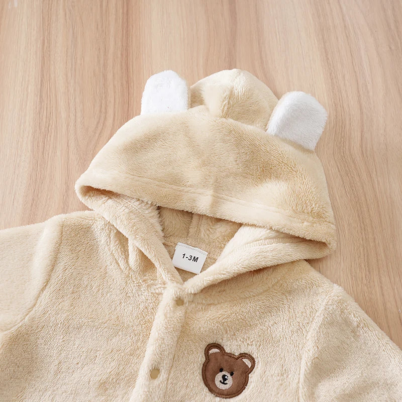 Back view of baby bear hooded winter flannel romper