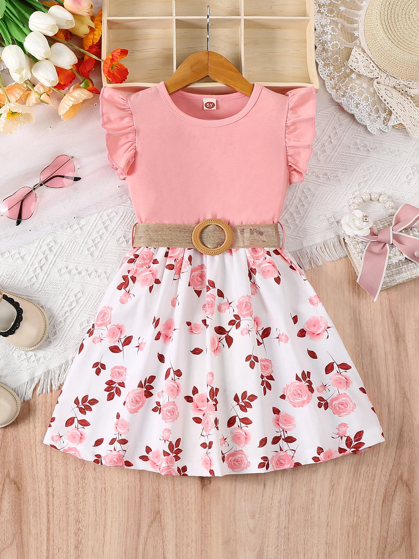 Back view of the girls floral ruffle sleeve dress with belt - view 7