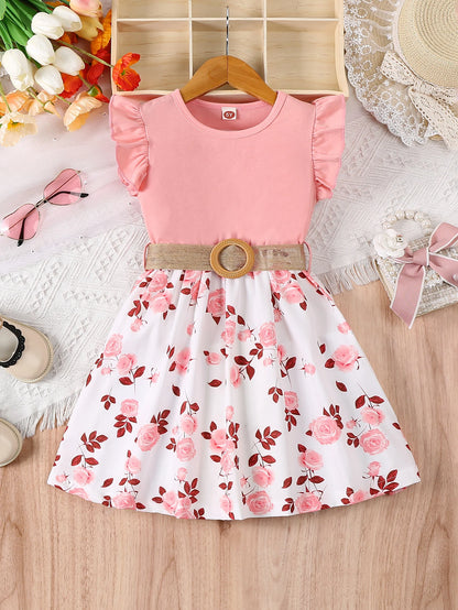 Back view of the girls floral ruffle sleeve dress with belt - view 7