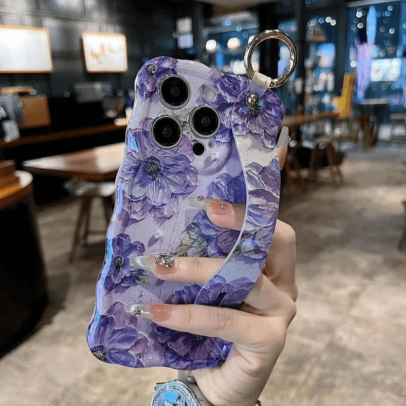 Oil Painting Flower Phone Case for iPhone 15 14 13 12 11 Pro Max with Wrist Band and Kickstand