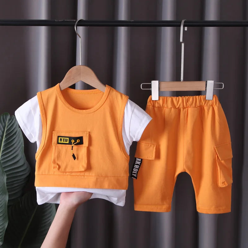 Side view of boys summer casual t-shirt & shorts set